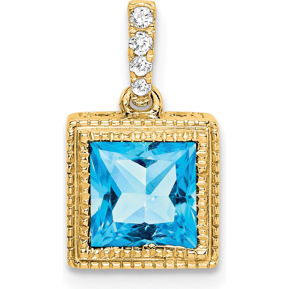 14K Yellow Gold Square Blue Topaz and Diamond Pendant with 12 Diamonds - 1.19 Carat Blue Topaz Weight by Lumare Gioia