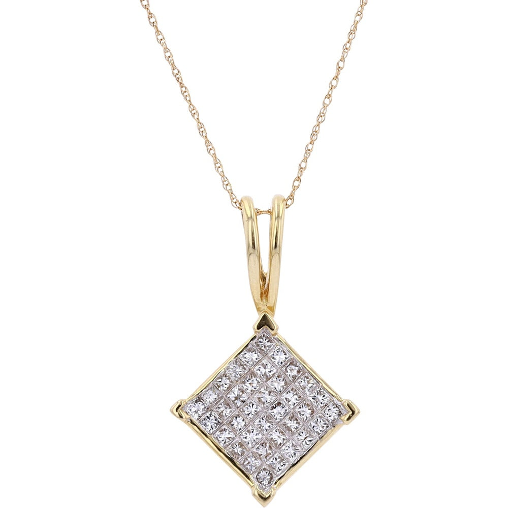 14K Yellow Gold Square Cluster Pendant with Invisible-Set Princess Cut Diamonds - 1.10 Carat Total Diamond Weight