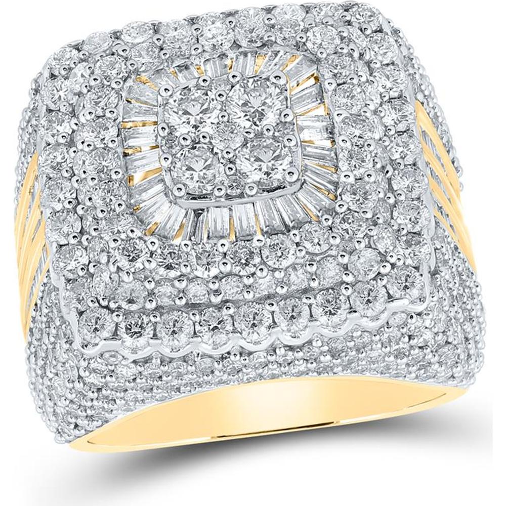 14K Yellow Gold Square Cluster Ring with Round and Baguette Diamonds - 6.63 Carat Total Diamond Weight