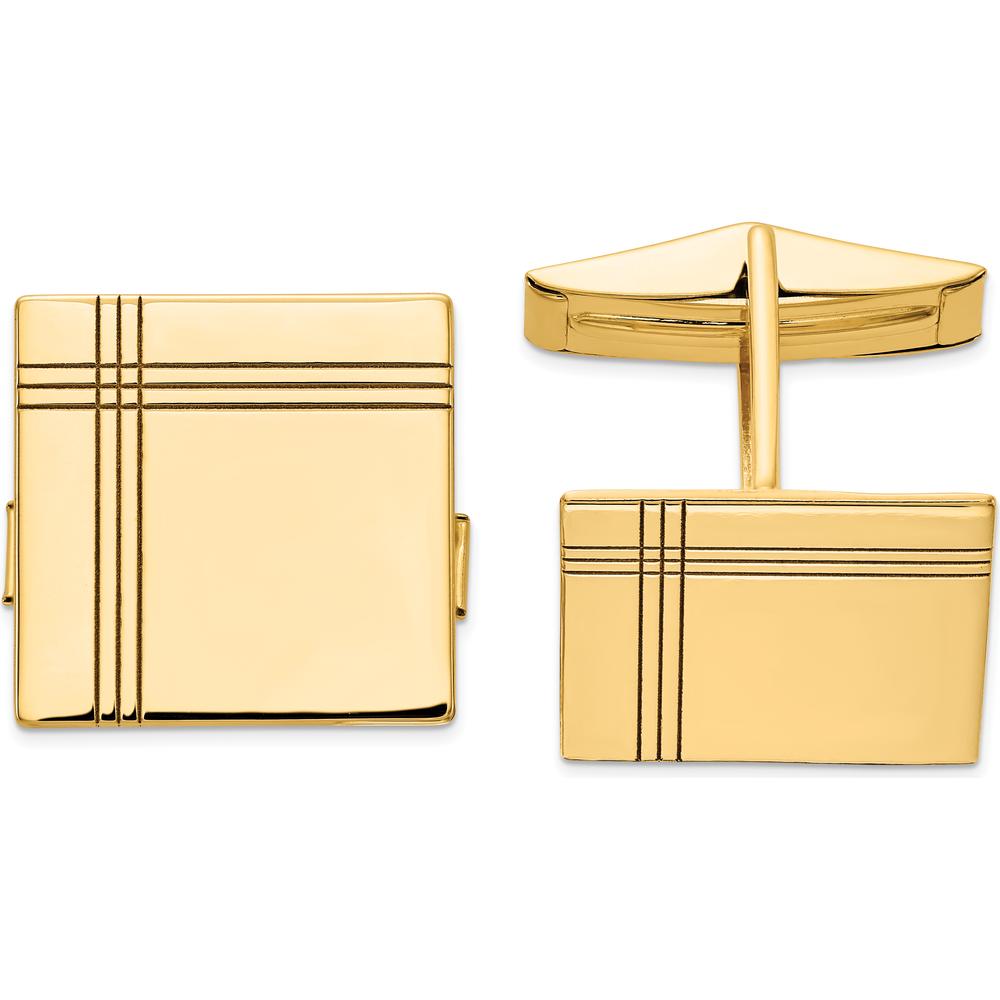 14K Yellow Gold Square Cuff Links with Engraved Line Design by Oro Pregiato