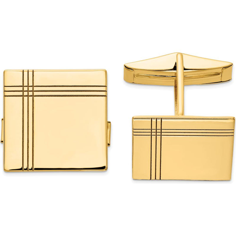 14K Yellow Gold Square Cuff Links with Engraved Line Design by Oro Pregiato