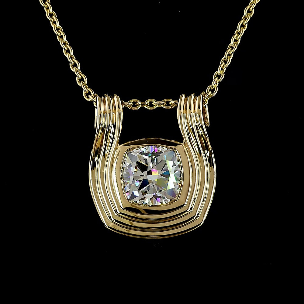 14K Yellow Gold Square Cushion Brilliant Solitaire Pendant with Bezel Set Lab Diamond - 3.12 Carat Total Weight, E-F Color VS1 Clarity - Covaloro Fine Jewelry