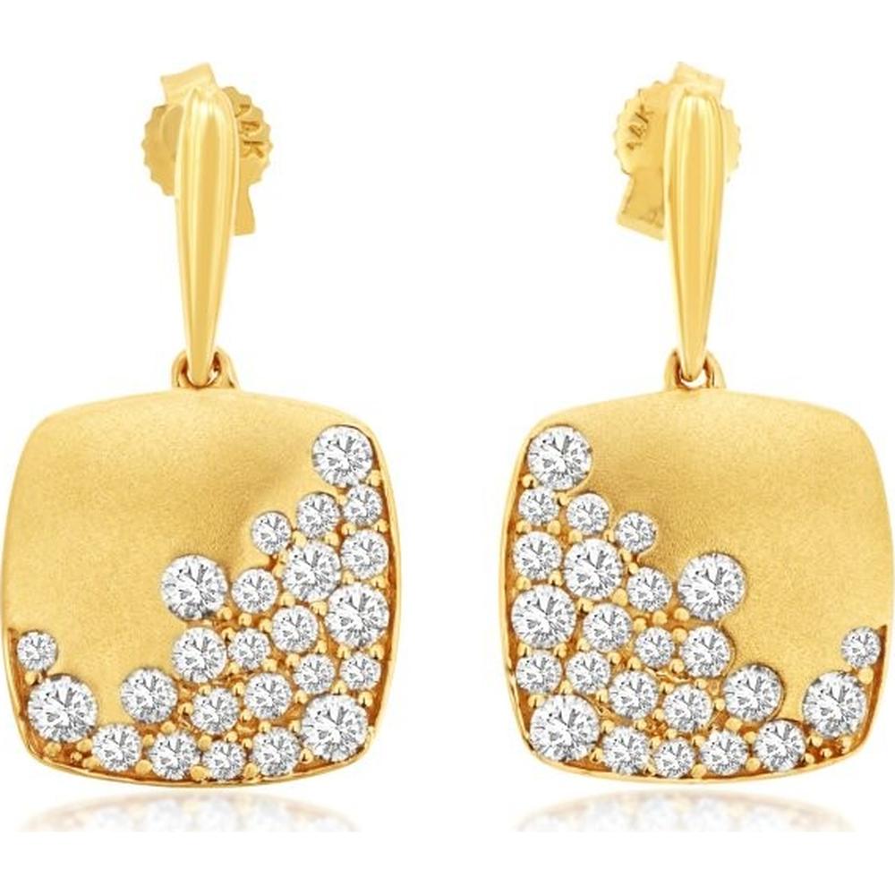 14K Yellow Gold Square Drop Earrings with Round Diamonds - 1.0 Carats Total Diamond Weight