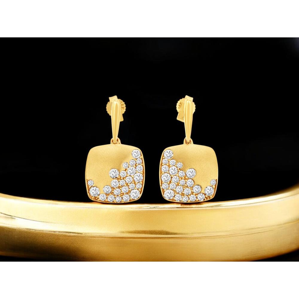 14K Yellow Gold Square Drop Earrings with Round Diamonds - 1.0 Carats Total Diamond Weight