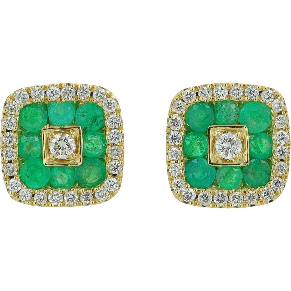 14K Yellow Gold Square Emerald and Diamond Stud Earrings - 0.90 Carat Total Emerald Weight, 0.33 Carat Total Diamond Weight