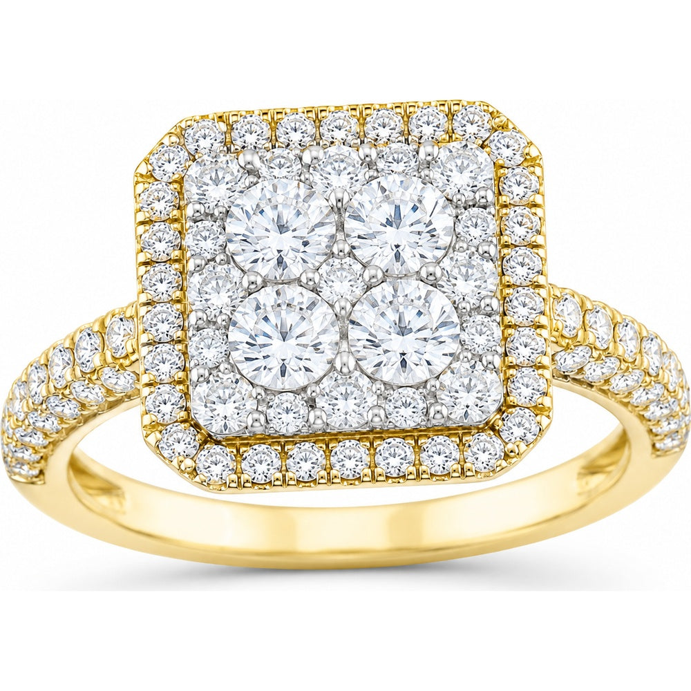 14K Yellow Gold Square Halo Cluster Ring with Round Diamonds - 1.63 Carat Total Diamond Weight by Auriventus