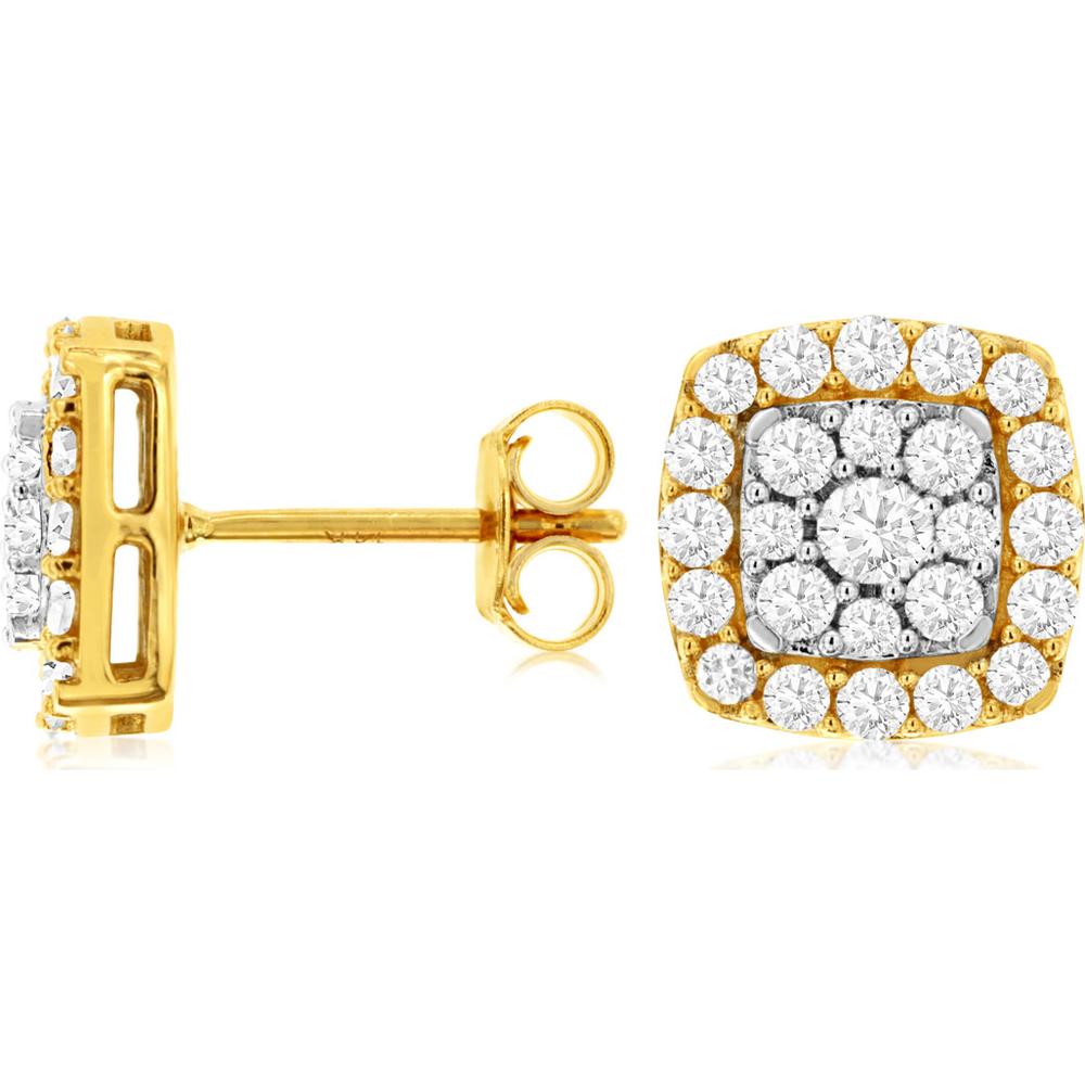 14K Yellow Gold Square Halo Diamond Stud Earrings with Round Diamonds - 1 Carat Total Diamond Weight - Royal Jewelry