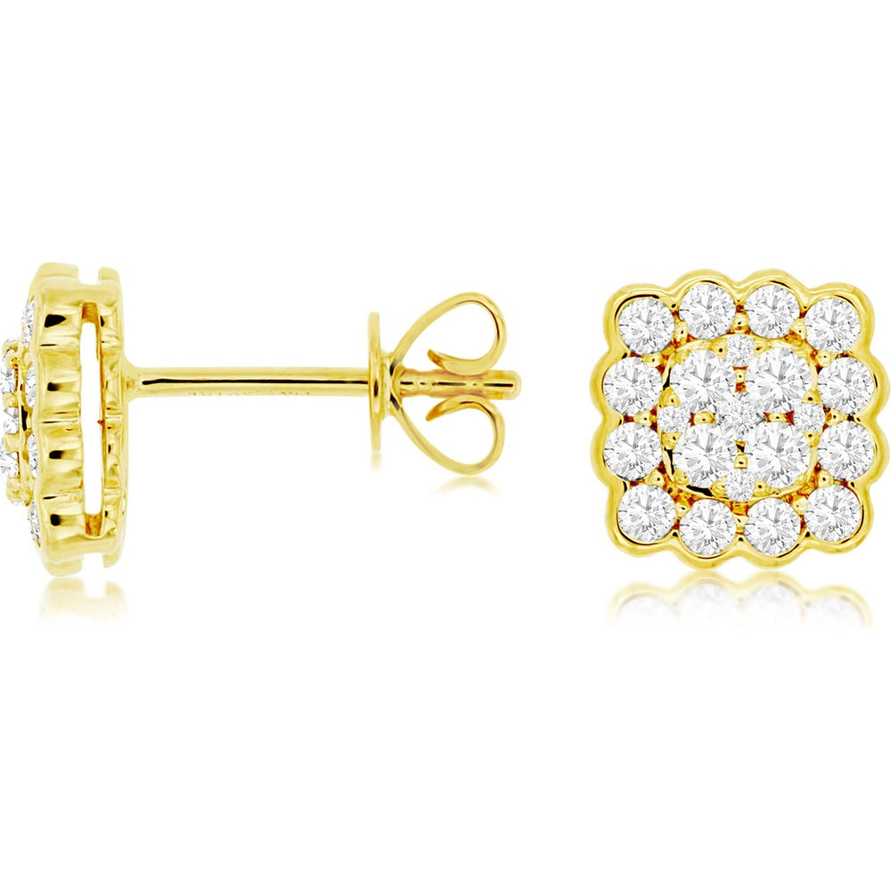 14K Yellow Gold Square Halo Stud Earrings with Round Diamond Cluster and Scalloped Edge - 0.70 Carat Total Diamond Weight - Royal Jewelry