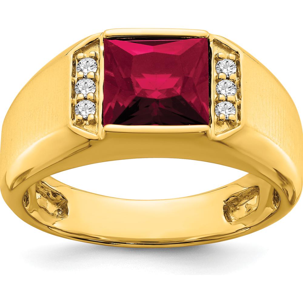 14K Yellow Gold Square Lab-Created Ruby and Diamond Men's Ring - 2.5 Carat Ruby and 0.02 Carat Total Diamond Weight by 0