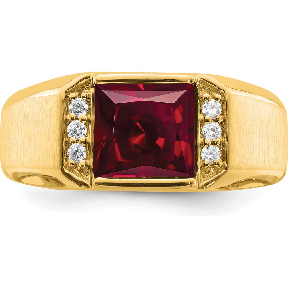 14K Yellow Gold Square Lab-Created Ruby and Diamond Men's Ring - 2.5 Carat Ruby and 0.02 Carat Total Diamond Weight by 0