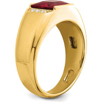 14K Yellow Gold Square Lab-Created Ruby and Diamond Men's Ring - 2.5 Carat Ruby and 0.02 Carat Total Diamond Weight by 0