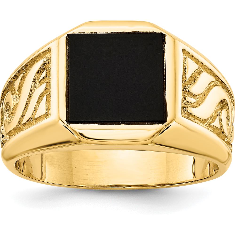 14K Yellow Gold Square Onyx Ring with Polished Filigree Detail - Men's Solid Statement Mounting by Monteluci Fine Jewelry