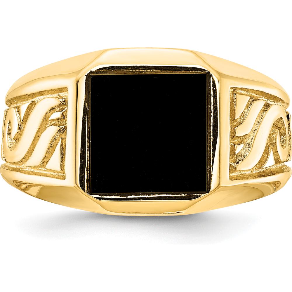 14K Yellow Gold Square Onyx Ring with Polished Filigree Detail - Men's Solid Statement Mounting by Monteluci Fine Jewelry