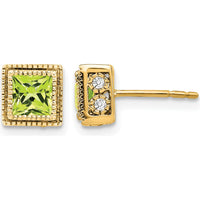 14K Yellow Gold Square Peridot and Diamond Earrings - 1.104 Carat Total Peridot Weight by Monteluci Fine Jewelry