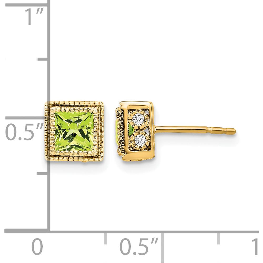 14K Yellow Gold Square Peridot and Diamond Earrings - 1.104 Carat Total Peridot Weight by Monteluci Fine Jewelry
