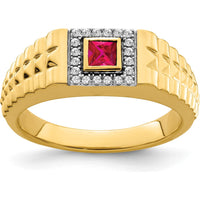 14K Yellow Gold Square Ruby and Diamond Men's Ring with Princess Cut Ruby - 0.3 Carat Ruby, 0.12 Carat Total Diamond Weight by 0