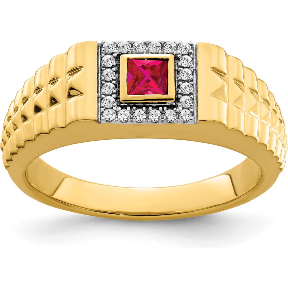 14K Yellow Gold Square Ruby and Diamond Men's Ring with Princess Cut Ruby - 0.3 Carat Ruby, 0.12 Carat Total Diamond Weight by 0