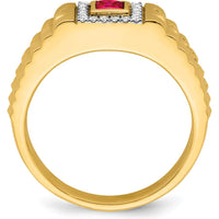 14K Yellow Gold Square Ruby and Diamond Men's Ring with Princess Cut Ruby - 0.3 Carat Ruby, 0.12 Carat Total Diamond Weight by 0