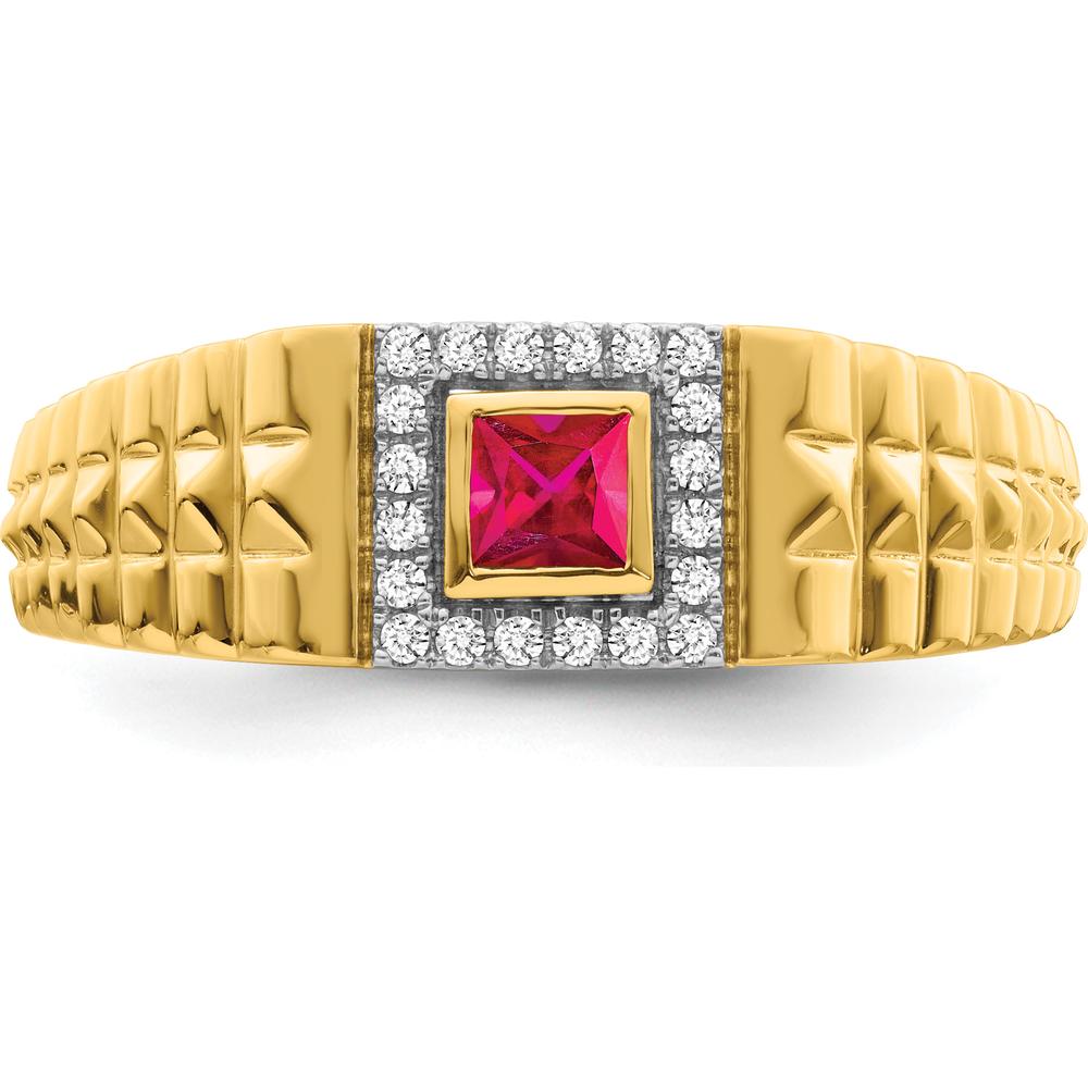 14K Yellow Gold Square Ruby and Diamond Men's Ring with Princess Cut Ruby - 0.3 Carat Ruby, 0.12 Carat Total Diamond Weight by 0