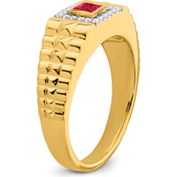 14K Yellow Gold Square Ruby and Diamond Men's Ring with Princess Cut Ruby - 0.3 Carat Ruby, 0.12 Carat Total Diamond Weight by 0
