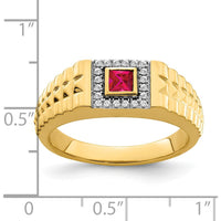14K Yellow Gold Square Ruby and Diamond Men's Ring with Princess Cut Ruby - 0.3 Carat Ruby, 0.12 Carat Total Diamond Weight by 0