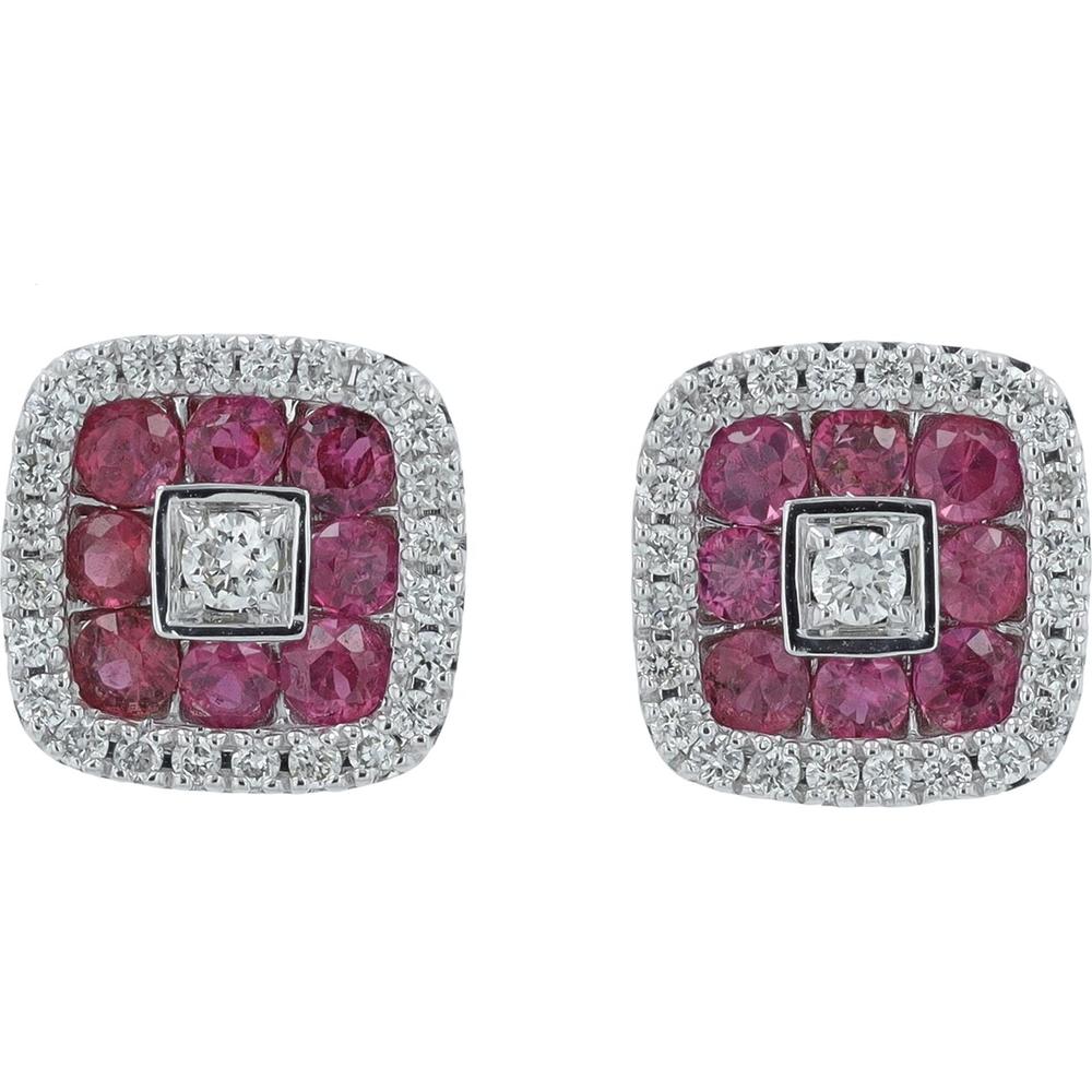 14K Yellow Gold Square Ruby Stud Earrings with Diamond Accents - 0.90 Carat Total Gemstone Weight