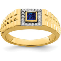 14K Yellow Gold Square Sapphire and Diamond Men's Ring with 0.3 Carat Lab-Created Sapphire and 20 Round Diamonds by 0