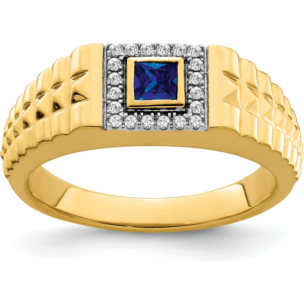 14K Yellow Gold Square Sapphire and Diamond Men's Ring with 0.3 Carat Lab-Created Sapphire and 20 Round Diamonds by 0