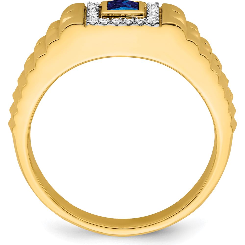 14K Yellow Gold Square Sapphire and Diamond Men's Ring with 0.3 Carat Lab-Created Sapphire and 20 Round Diamonds by 0