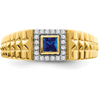 14K Yellow Gold Square Sapphire and Diamond Men's Ring with 0.3 Carat Lab-Created Sapphire and 20 Round Diamonds by 0