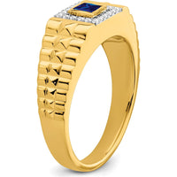 14K Yellow Gold Square Sapphire and Diamond Men's Ring with 0.3 Carat Lab-Created Sapphire and 20 Round Diamonds by 0