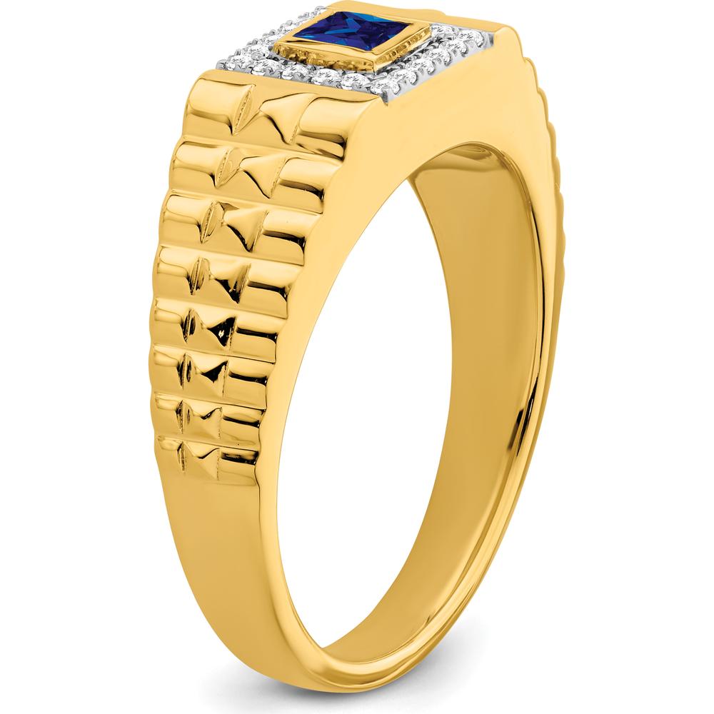 14K Yellow Gold Square Sapphire and Diamond Men's Ring with 0.3 Carat Lab-Created Sapphire and 20 Round Diamonds by 0