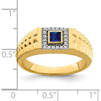 14K Yellow Gold Square Sapphire and Diamond Men's Ring with 0.3 Carat Lab-Created Sapphire and 20 Round Diamonds by 0