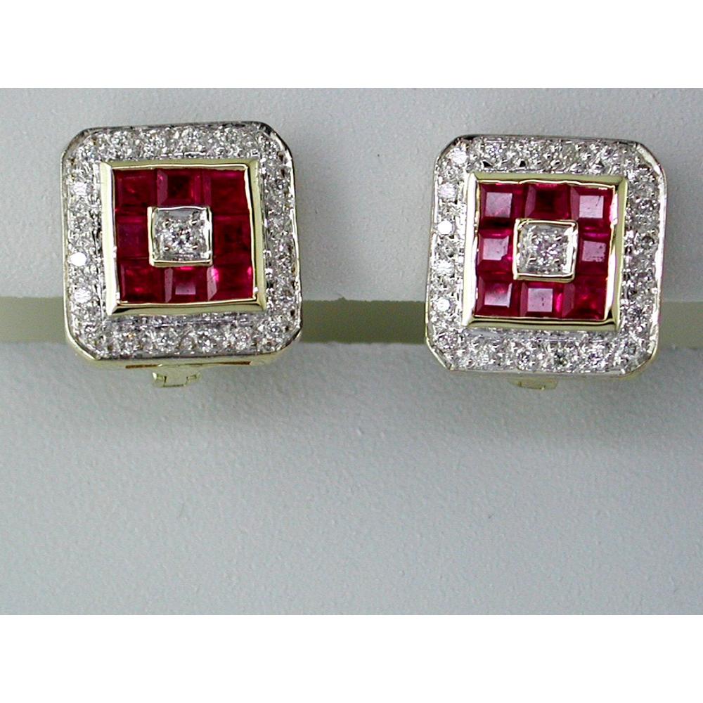 14K Yellow Gold Square Stud Earrings with Princess Cut Rubies and Princess Cut Diamond Centers - 0.90 Carat Total Ruby Weight & 0.26 Carat Total Diamond Weight - Royal Jewelry