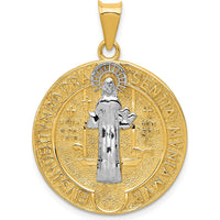 14K Yellow Gold St. Benedict Medal Pendant with White Rhodium Accents - Textured Finish, Reversible Design by Oro Pregiato