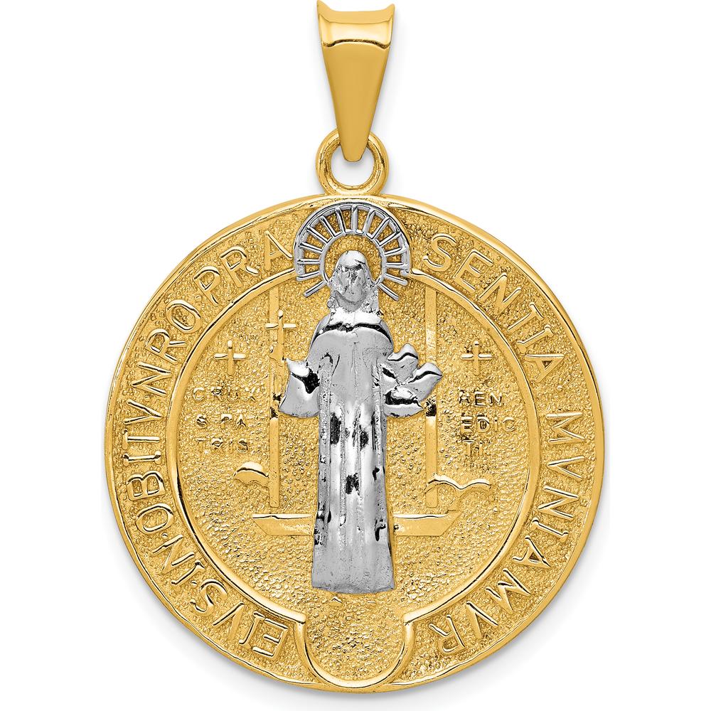 14K Yellow Gold St. Benedict Medal Pendant with White Rhodium Accents - Textured Finish, Reversible Design by Oro Pregiato