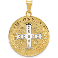 14K Yellow Gold St. Benedict Medal Pendant with White Rhodium Accents - Textured Finish, Reversible Design by Oro Pregiato