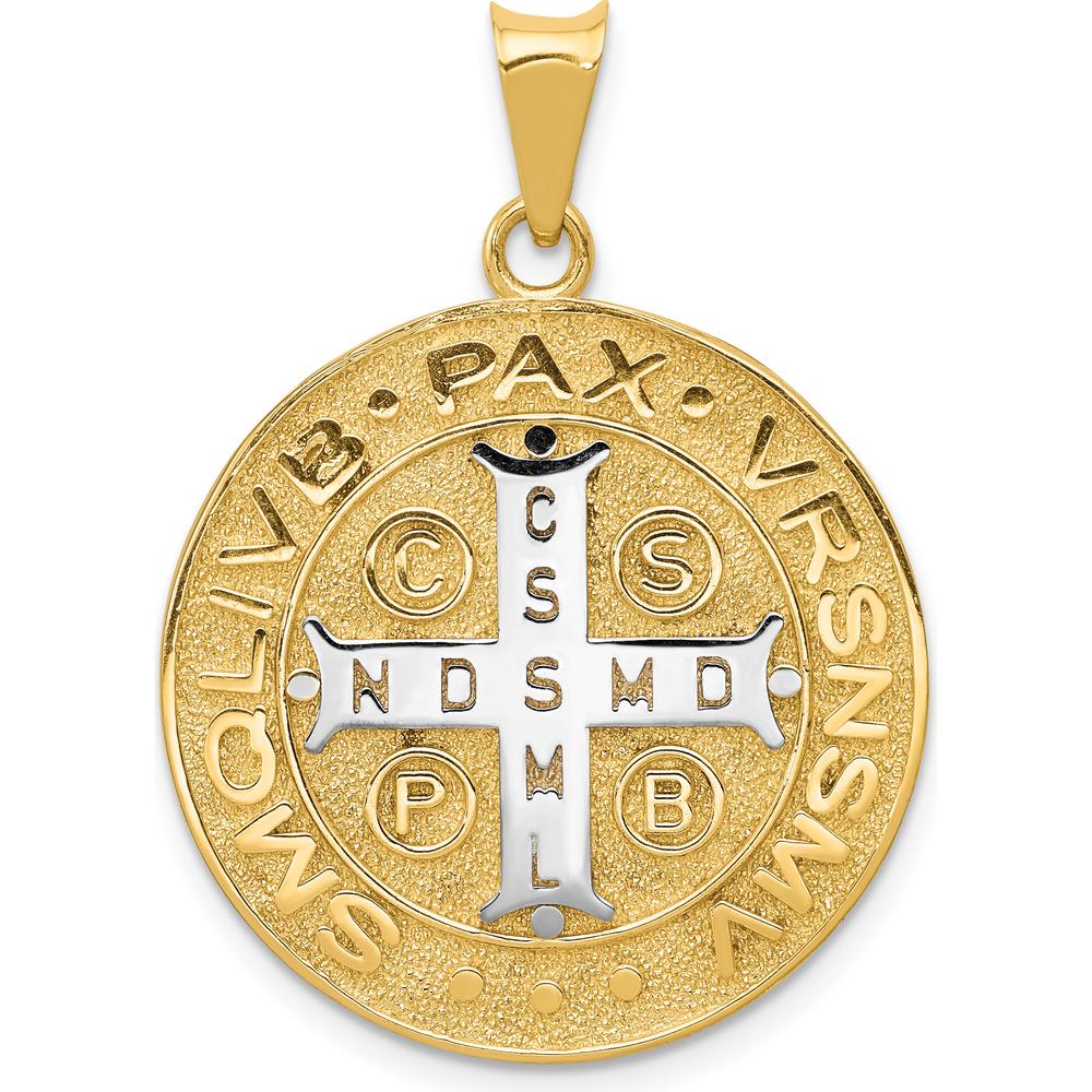 14K Yellow Gold St. Benedict Medal Pendant with White Rhodium Accents - Textured Finish, Reversible Design by Oro Pregiato