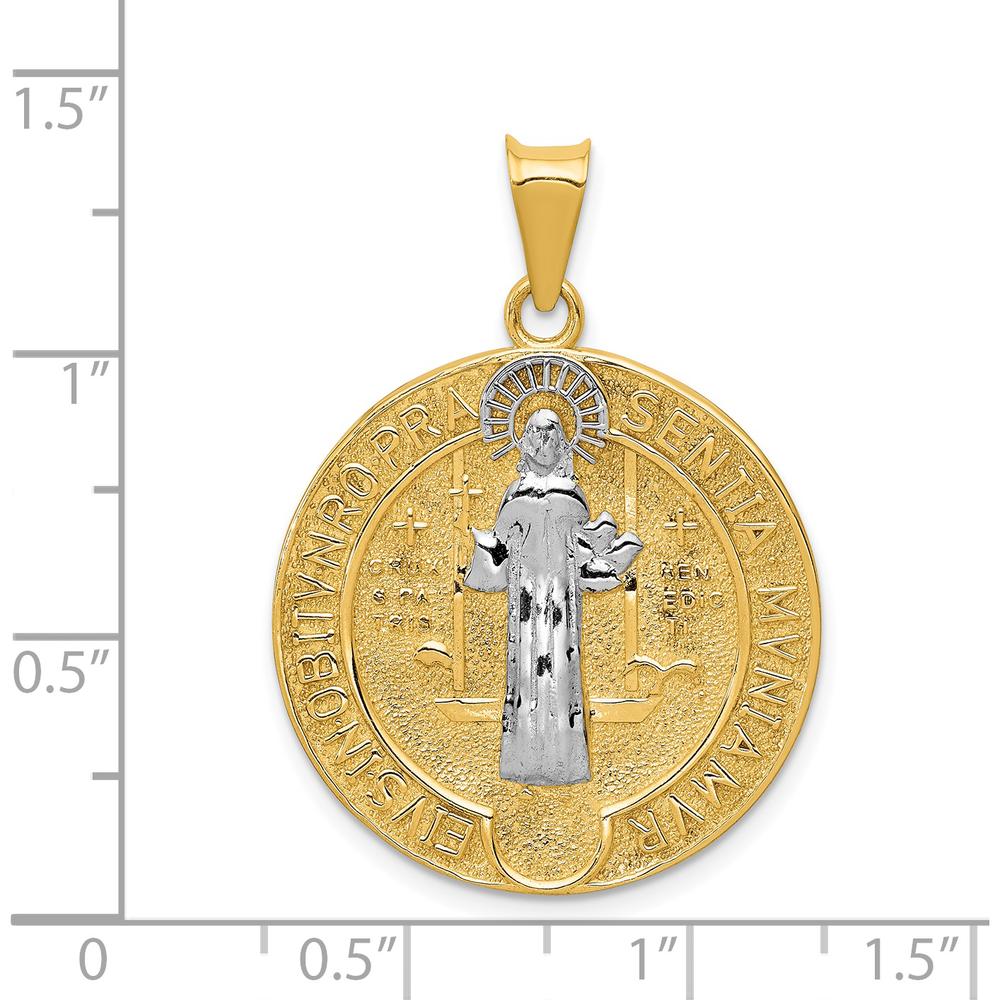 14K Yellow Gold St. Benedict Medal Pendant with White Rhodium Accents - Textured Finish, Reversible Design by Oro Pregiato