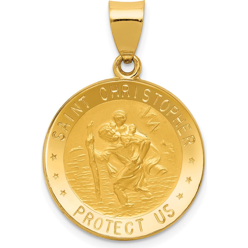 14K Yellow Gold St. Christopher Medal Round Pendant with Polished and Satin Finish - Hollow Design by Oro Pregiato