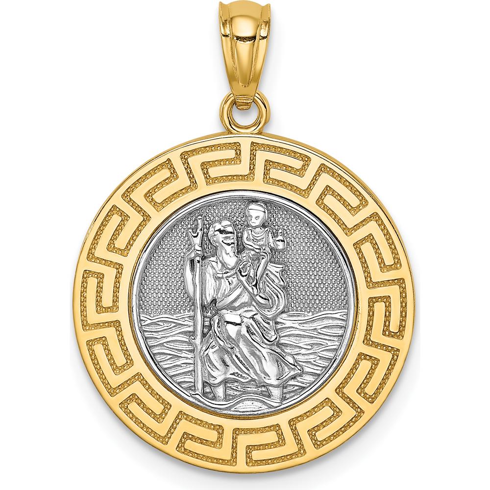 14K Yellow Gold St. Christopher Pendant with Greek Key Edge and Rhodium Accents - Faith and Travel Symbol by Oro Pregiato