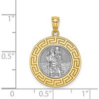 14K Yellow Gold St. Christopher Pendant with Greek Key Edge and Rhodium Accents - Faith and Travel Symbol by Oro Pregiato
