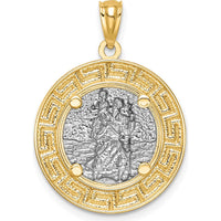 14K Yellow Gold St. Christopher Pendant with Greek Key Edge and Rhodium Accents - Faith and Travel Symbol by Oro Pregiato