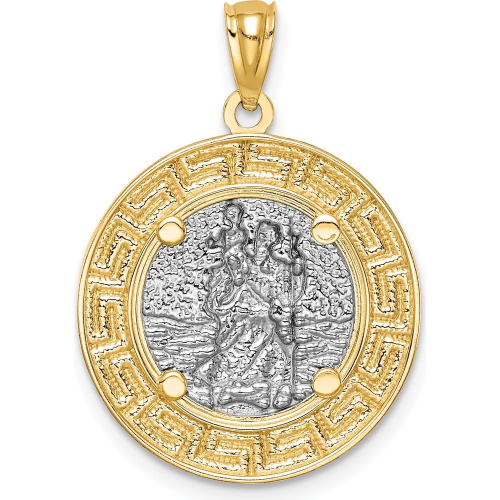 14K Yellow Gold St. Christopher Pendant with Greek Key Edge and Rhodium Accents - Faith and Travel Symbol by Oro Pregiato