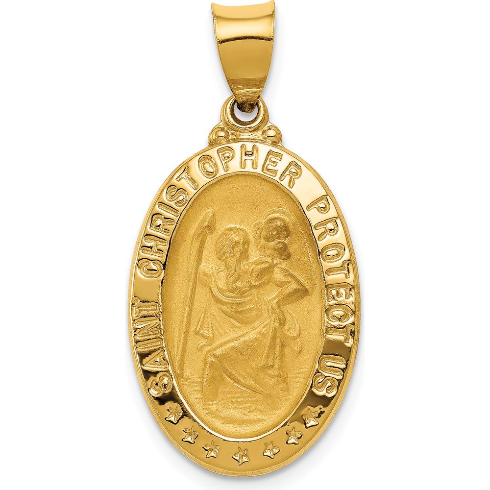 14K Yellow Gold St. Christopher Polished and Satin Hollow Medal Pendant with Flat Back - 31.5mm Length by Oro Pregiato