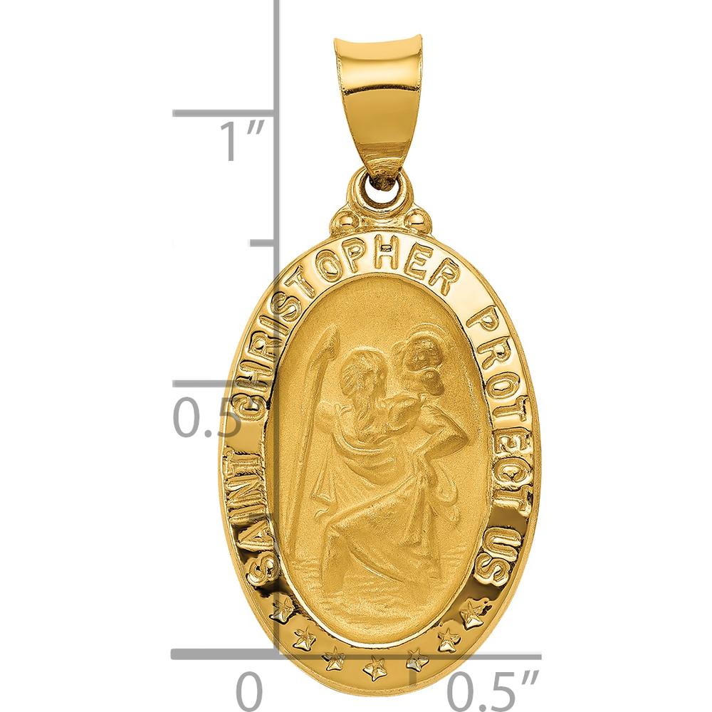 14K Yellow Gold St. Christopher Polished and Satin Hollow Medal Pendant with Flat Back - 31.5mm Length by Oro Pregiato