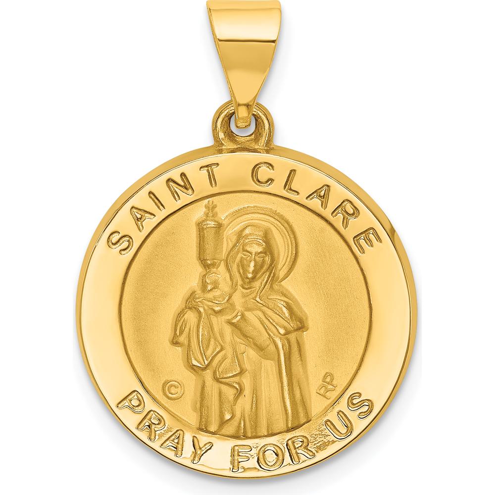 14K Yellow Gold St. Clare Hollow Medal Pendant with Polished and Satin Finish - 27mm Length by Oro Pregiato