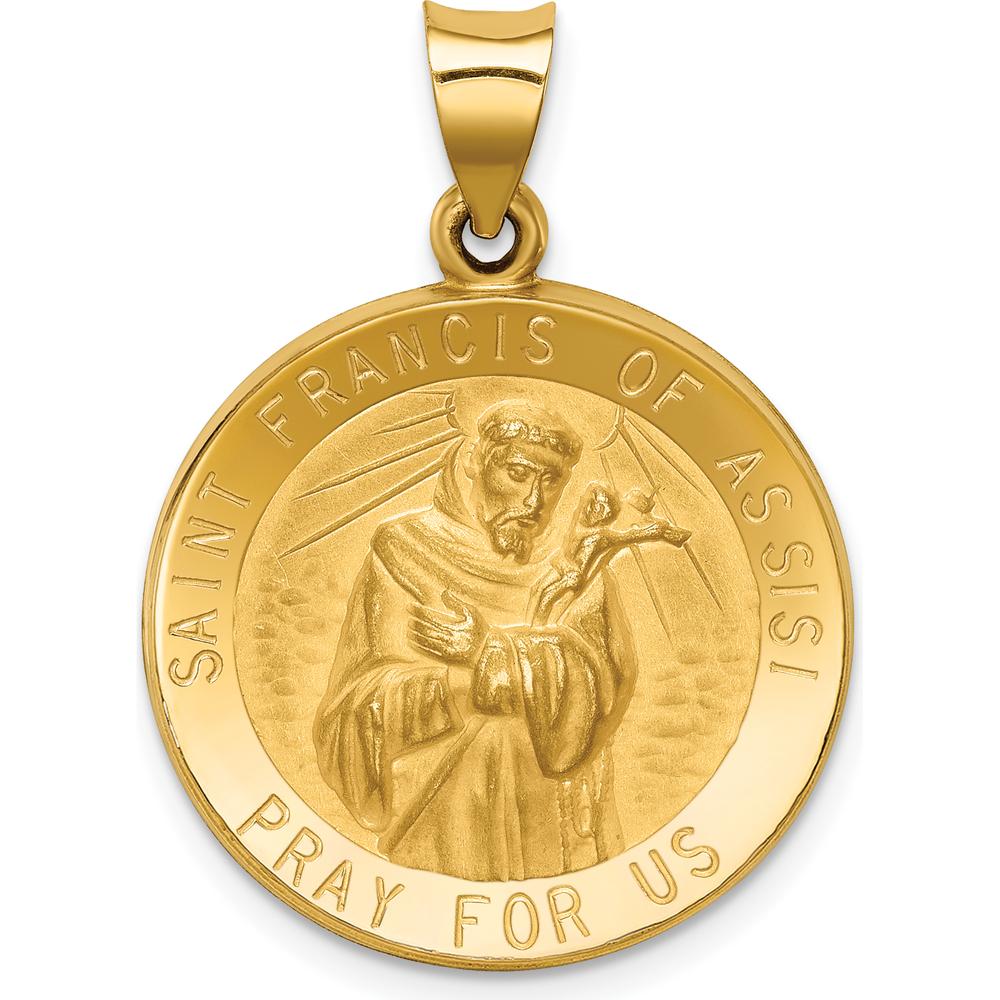 14K Yellow Gold St. Francis of Assisi Polished and Satin Hollow Round Pendant by Oro Pregiato