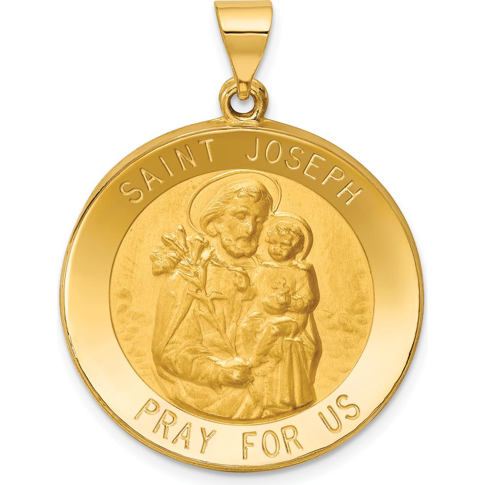 14K Yellow Gold St. Joseph Medal Pendant with Polished and Satin Finish - Hollow Design by Oro Pregiato