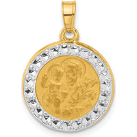 14K Yellow Gold St. Joseph Medal Round Pendant with White Rhodium Accents and Satin Finish by Oro Pregiato